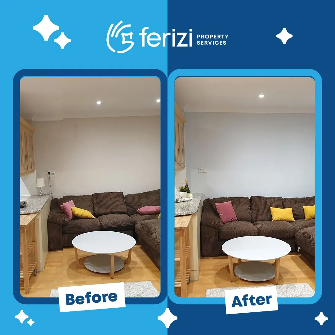 Before and after of an open plan living room repainted around the existing furniture