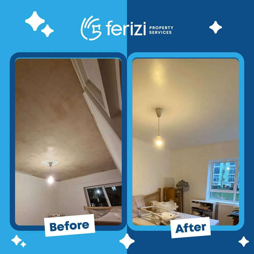 Before and after of a sloped ceiling replastered and finished in white