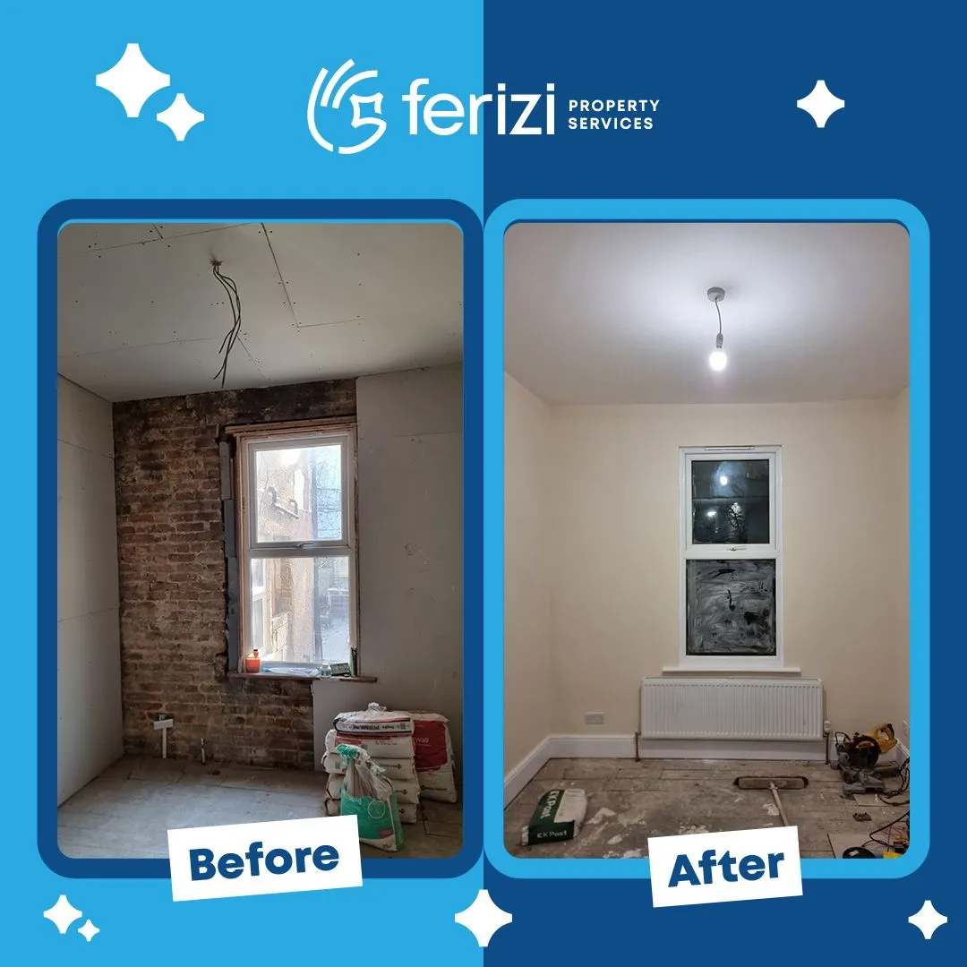 Before and after of a room with exposed brickwork replastered and repainted