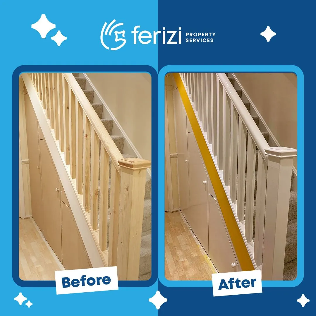 Before and after of an Elephant and Castle staircase and spindles painted white
