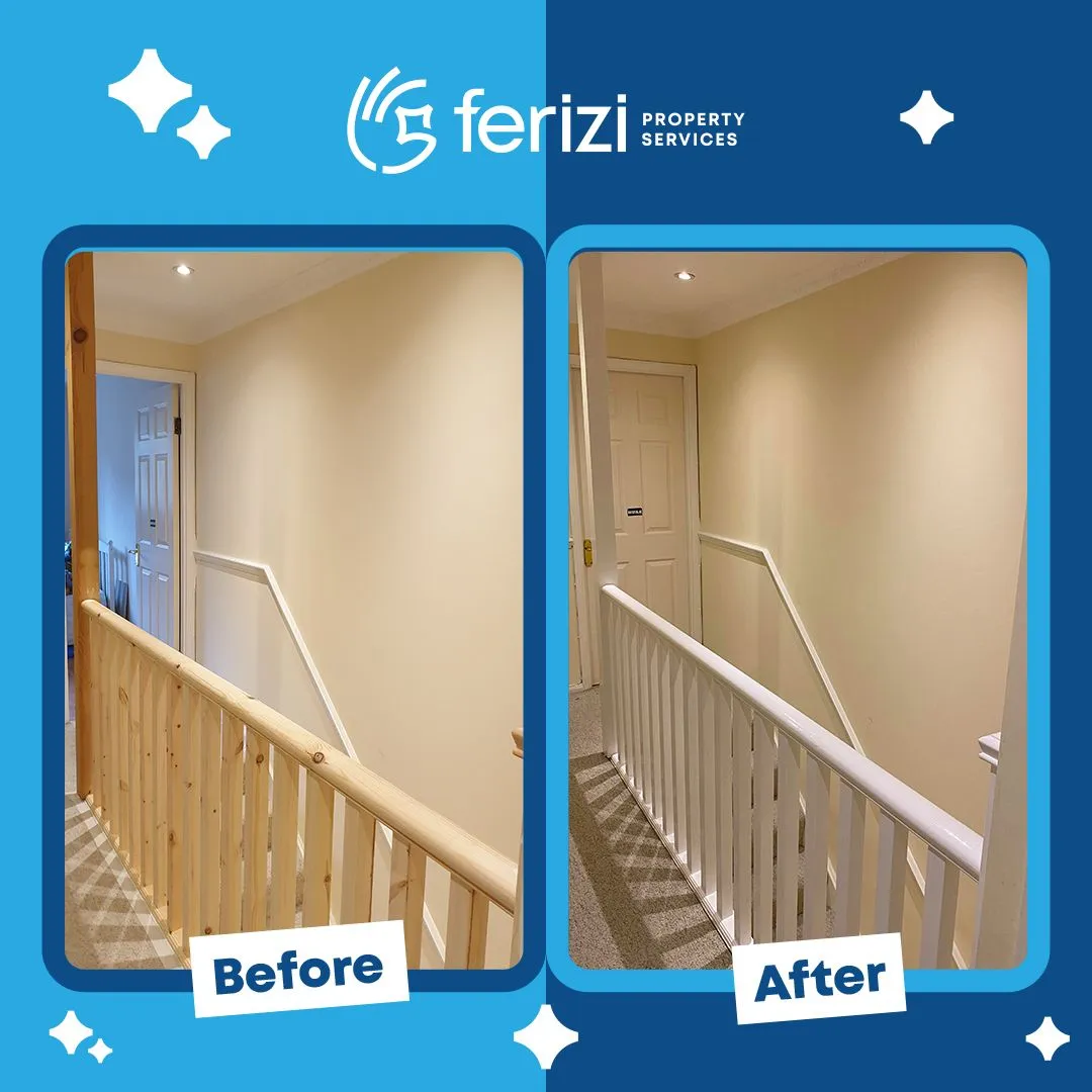 Before and after of a stairwell and banister repainted at Elephant and Castle