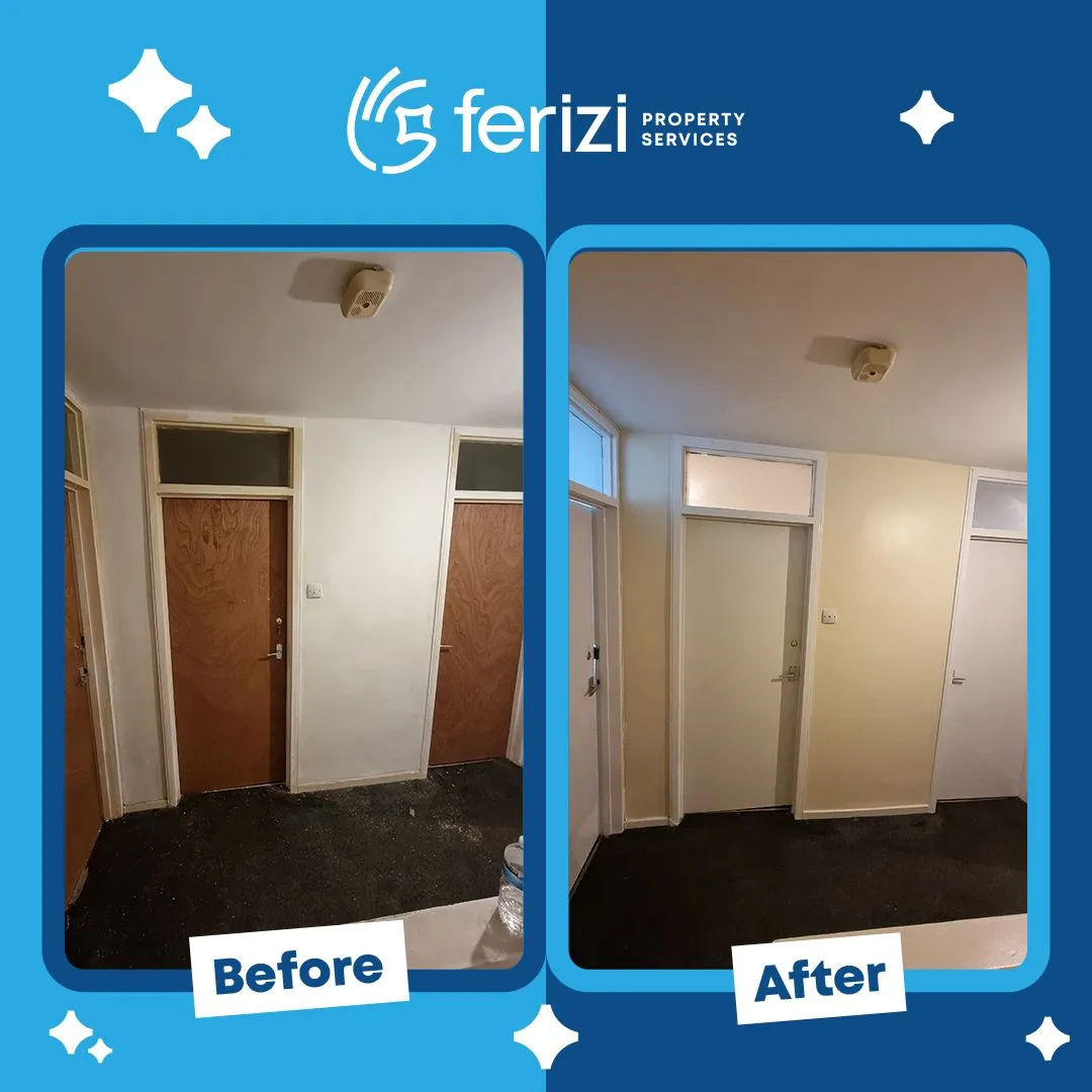 Before and after of an HMO hallway in Hackney, walls and doors repainted