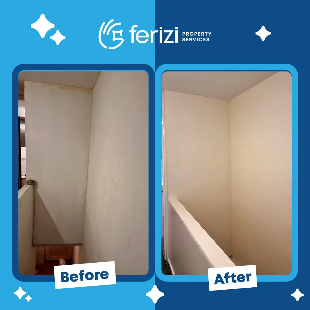 Before and after of a stair landing replastered and repainted