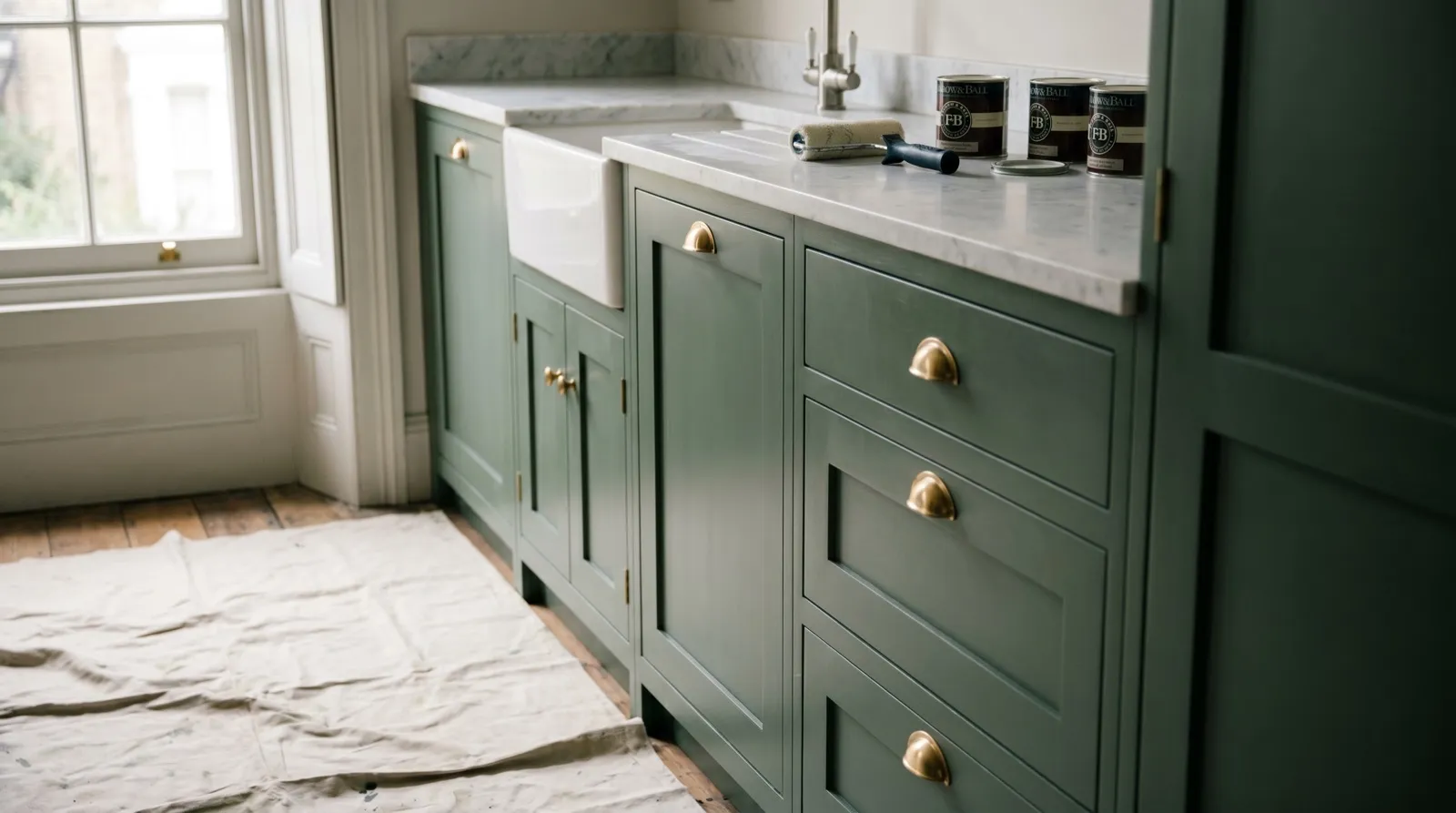 Shaker kitchen cabinets painted dark green with brass knobs, dust sheets on the floor
