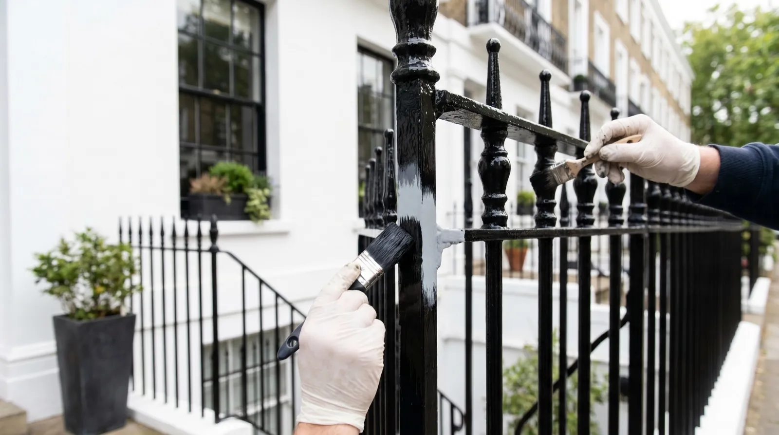 Decorator in gloves painting black cast iron railings outside a white stucco terrace with sash windows