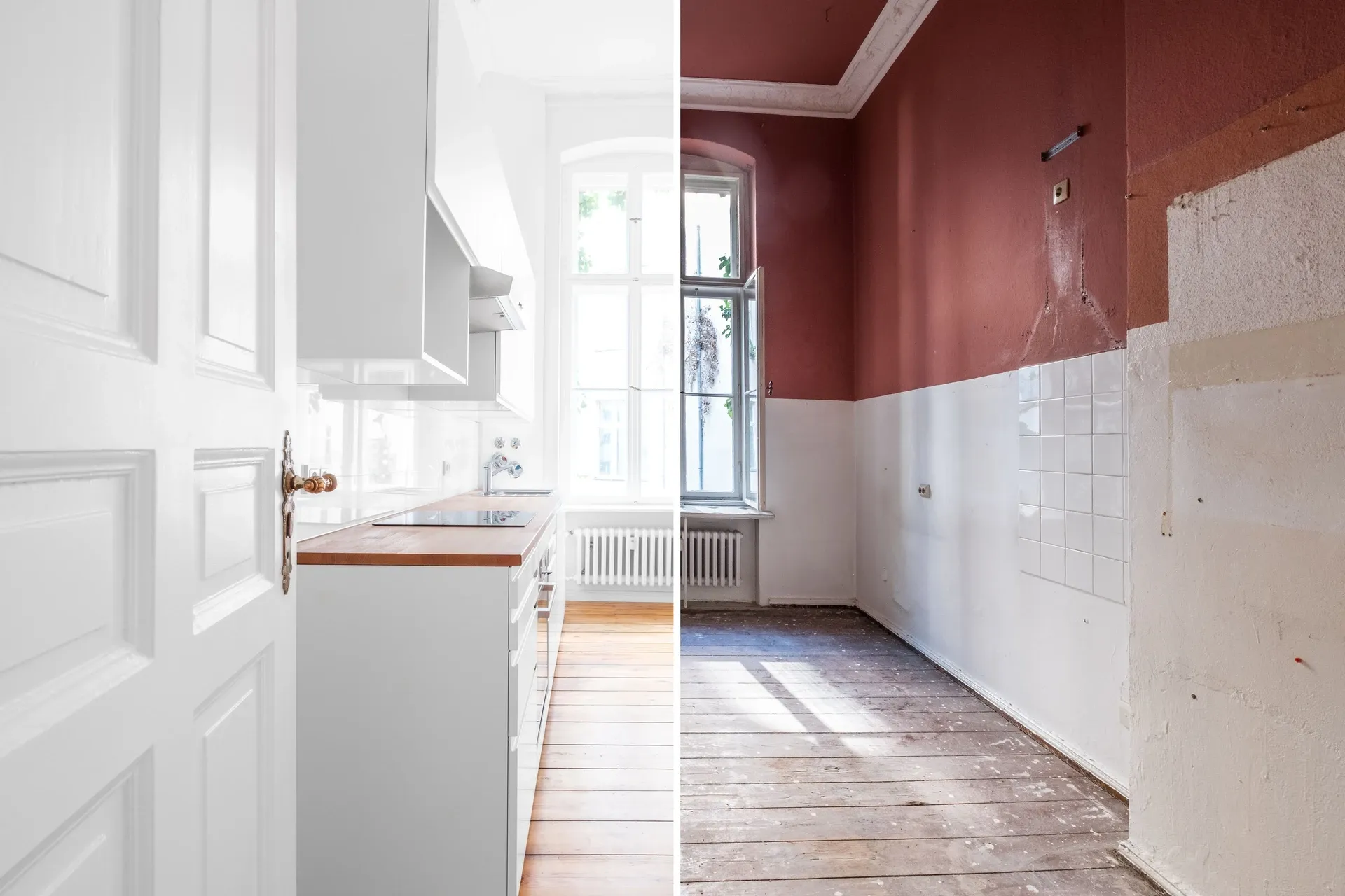 Split image of a room finished in white on one side and with dark red walls on the other
